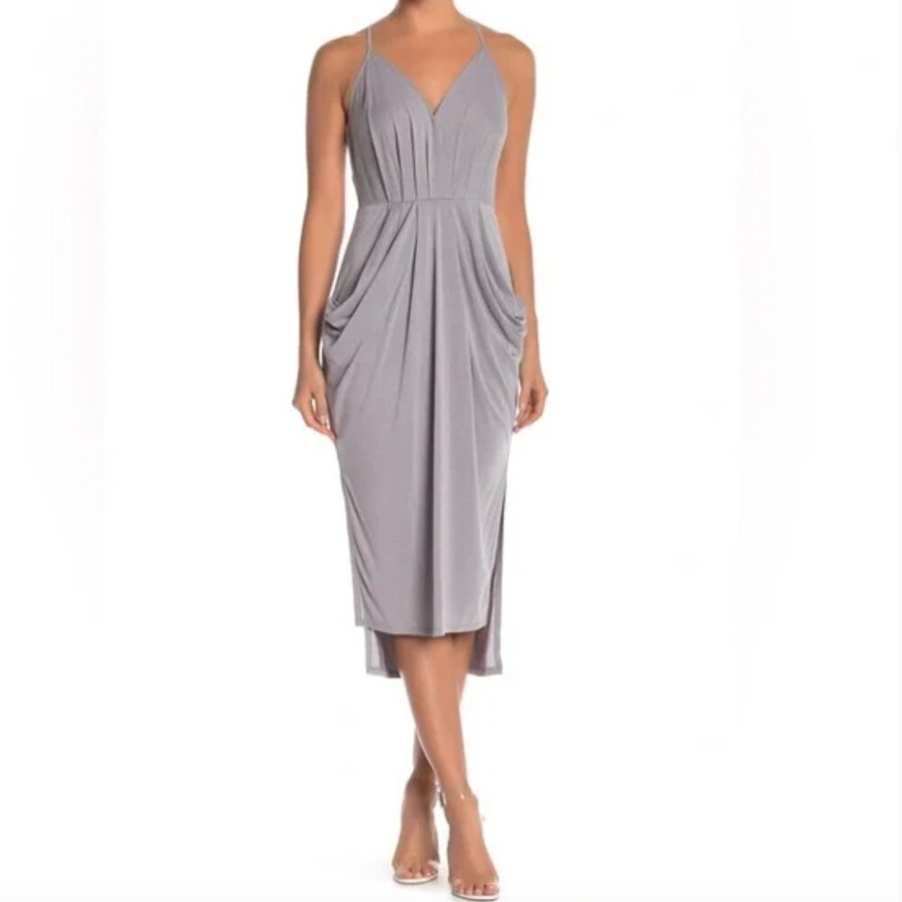 BCBGeneration Della Silver Grey Frost Drapey Midi Dress w Pockets XS